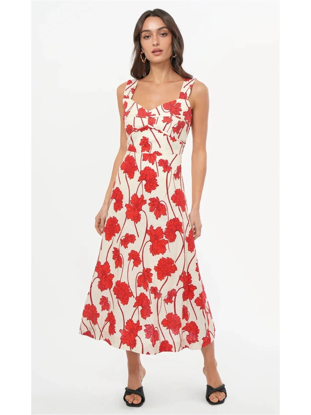 NWT Greylin Madi Linen Sweetheart Neck Midi Dress Cream & Red Floral Medium